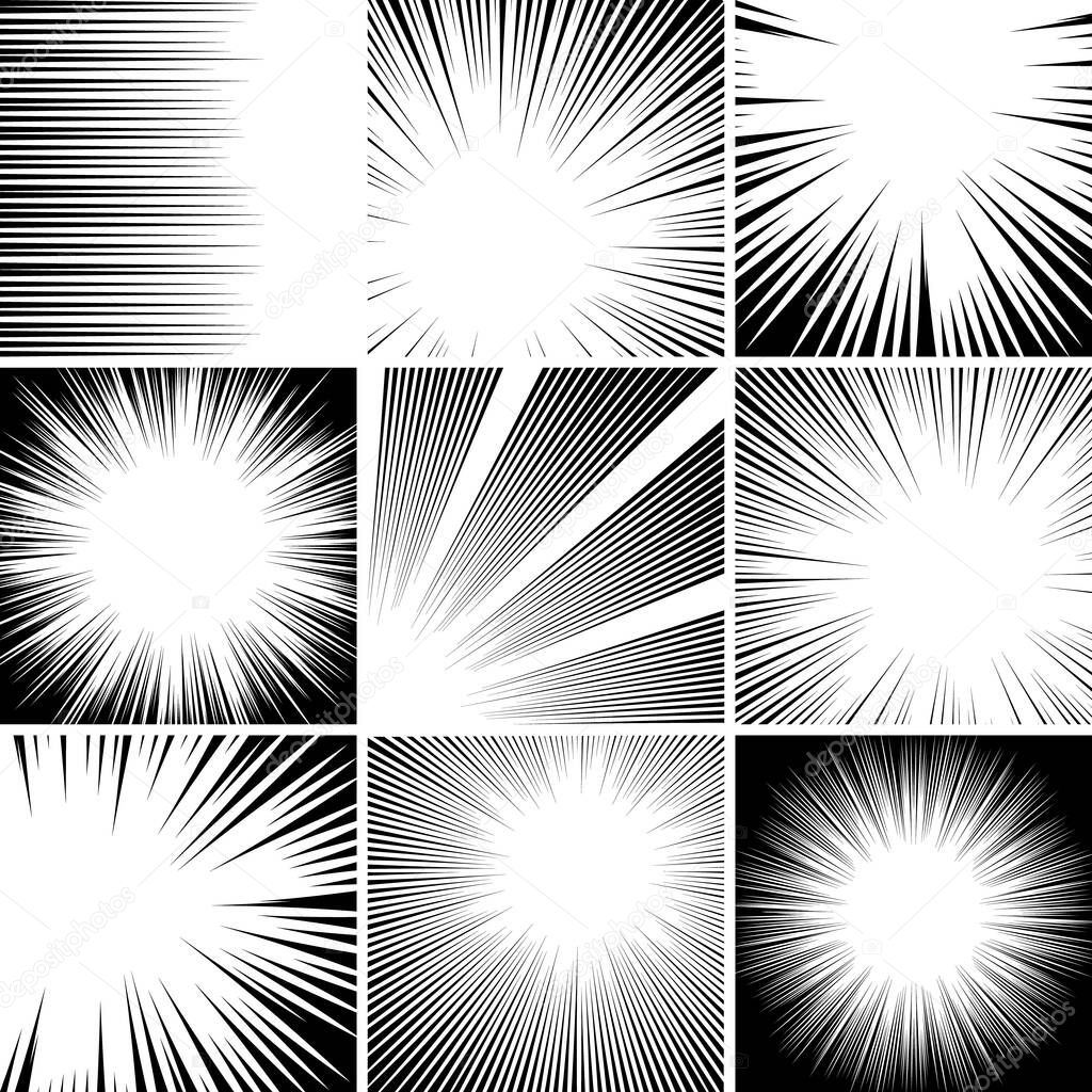 Comic retro background. Speed action lines template, comic book stripe effects and motion wave explosions elements vector background set. Collection of black and white manga backdrops