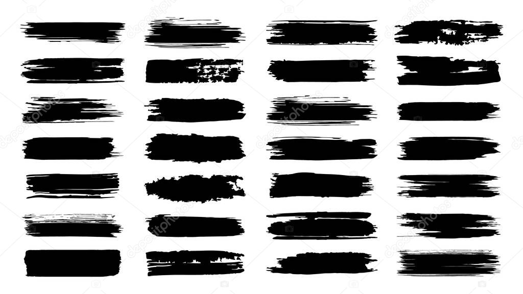 Brush paint strokes. Texture brushes and modern grunge brush lines. Ink brush artistic design element for frame design. Vector isolated elements set. Collection of text borders on white background