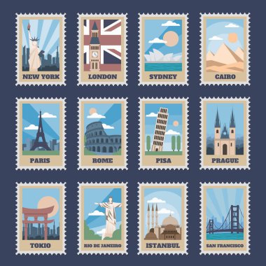 Seyahat pulları. Ulusal simgelere sahip vintage pul, posta damgası dünya çekiciliğinin retro damgası ve dünya vektör izole ikon setinin en popüler noktaları. Ünlü konumların olduğu bir kartpostal gönder