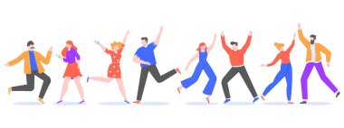 Mutlu dansçılar. Heyecan verici modern karakterler, birlikte dans eden neşeli kadın ve erkek dansçılar. Müzik partisindeki neşeli arkadaşlar vektör illüstrasyonunu izole ettiler. Kutlama. Yüzsüz çiftler seti