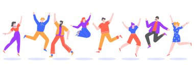 Gençler atlıyor. Zıplayan öğrenciler, heyecanlı, gülümseyen ergenler, neşeli gençler izole edilmiş vektör çizimlerini bir araya getirdiler. Başarılı erkek ve kadın kazananlar düz karakterler