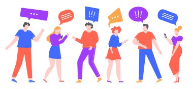 İnsanlarla iletişim kurmak. Bir grup kadın ve erkek karakter baloncuklarla iletişim kuruyor, akıllı telefonlar kullanarak sohbet ediyor, insanlar sohbet ediyor ve telefonda vektör çizimlerini konuşuyorlar. Erkek ve kadın karakterler