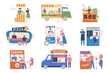 Sokak pazarı. Açık büfe fuarı, yiyecek, ürün, kahve ve çiçekli çadırlar. Karakterler sokak fuarında alıp satıyorlar, market sokak vektör illüstrasyonu setinde. Fast food büfeleri, dondurma arabası.