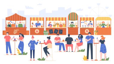 Açık hava yemek festivali. Fast food kafedeki insanlar, aile ve arkadaşlarla parkı ziyaret ediyorlar. Sokak kafesinde yemek yiyen karakterler, açık havada dost canlısı insanlar, vektör çizimini yeniden canlandırıyor. Meyve ve sebze tezgahları