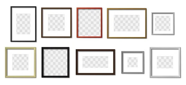 Realistic photo frame. Simple picture frames, square border and photos on wall mockup vector set. Collection of decorative wooden frames. Square and rectangular hanging picture frames — ストックベクタ