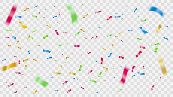 Colorful falling confetti. Flying color foil stripes, festival celebration confettis and party background elements vector illustration. Festive, multicolor realistic tinsel on transparent backdrop — ストックベクタ