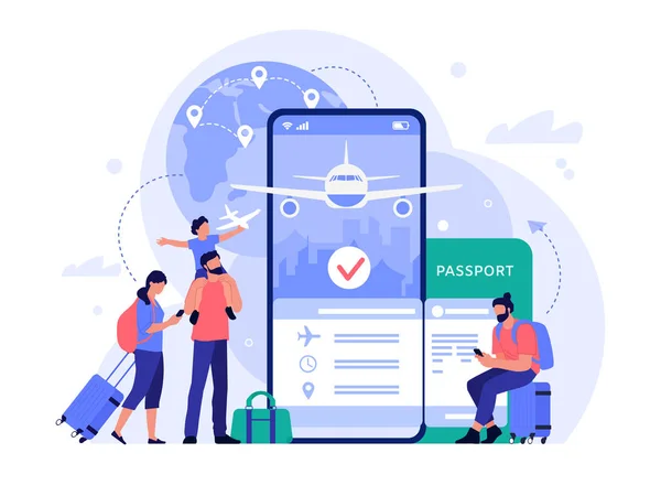 Repülőjegy vásárlás app. Online jegyvásárlás, idegenforgalmi és üdülési telefonos foglalási szolgáltatás, utazási koncepció vektor illusztráció. Repüléskereső eszköz. Foglaló turisták — Stock Vector
