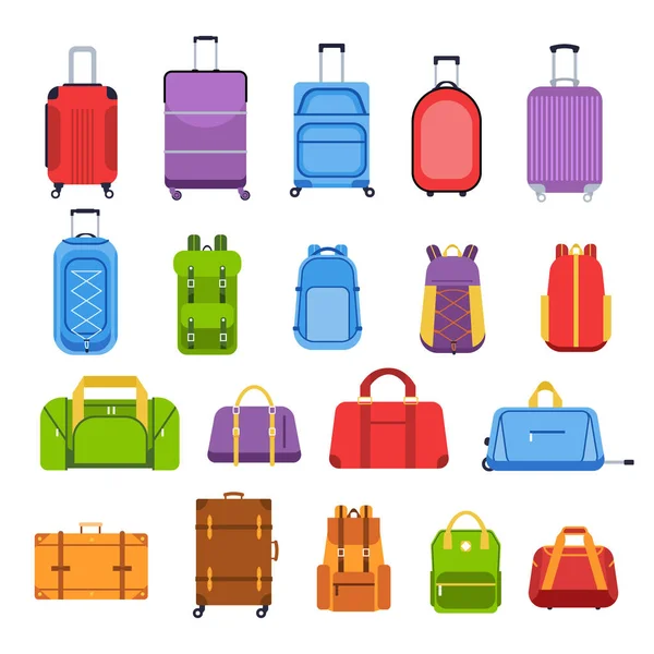 Baggage suitcases. Luggage and handle bags, backpacks, leather case, travel suitcases and bag for trip, tourism and vacation isolated vector icons set. Travel gear multicolor flat illustrations — Stock Vector