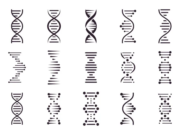 Icono de ADN espiral. ADN molécula hélice espiral estructura, ciencia médica cromosoma concepto, biología símbolos genéticos iconos vectoriales aislados conjunto. Microbiología. Ácido desoxirribonucleico. Ingeniería genética — Vector de stock