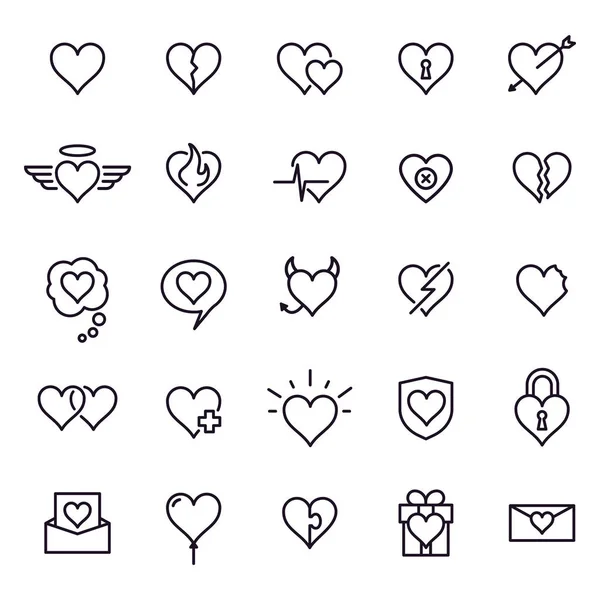 Iconos de línea cardíaca. Estilizar elementos de decoración del corazón, símbolos de amor y amistad y delinear preciosos pictogramas vector iconos aislados conjunto. Sentimientos contorno signo paquete. Ilustraciones lineales finas modernas — Vector de stock