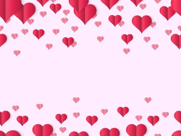 Banner de diseño de corazón de San Valentín. Día de San Valentín decorativo amor fronteras, lindos elementos de papel forma de corazón, doblado corazones de papel vector de fondo. Fondo rosa postal con objetos en forma de corazón — Archivo Imágenes Vectoriales