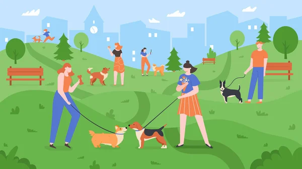 Dogs at park. Pets playing in dog park, people walk and play with dogs in outdoor yard, urban dog park landscape colorful vector illustration. Pet owners training puppies, strolling together — ストックベクタ