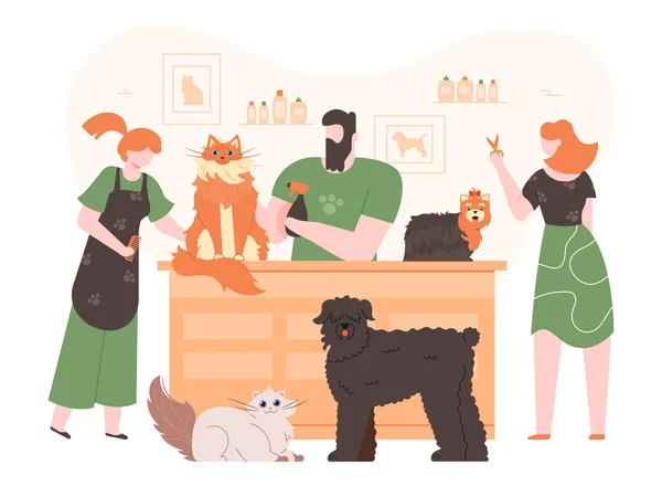 Pets in grooming salon. Domestic dogs and cats in coat care salon, people grooming, washing and cutting pets fur colorful vector illustration. Dog groomers flat characters. Animal hairstyle salon — ストックベクタ