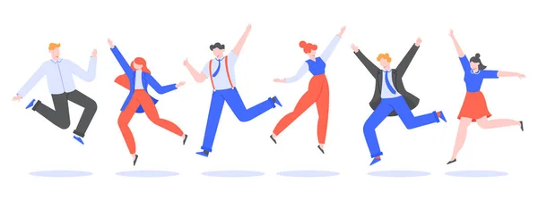 Gelukkig springteam. Glimlachende mensen springen op het werk winnend feest, business team feest, corporate collega 's vieren en vreugde samen vector illustratie. Collega 's vlakke karakter — Stockvector