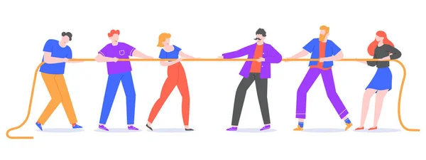 Oorlogstrik. Jongeren trekken aan het touw, tegengestelde teams bij rope pulling competitie. Corporate wedstrijden en actieve sleepspel vector geïsoleerde illustratie. Concurrenten personages worstelen — Stockvector