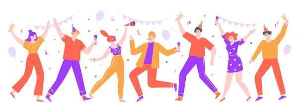 İnsanlar kutlama yapıyor. Mutlu kutlama partileri, neşeli kadınlar ve erkekler balonlar ve konfetilerle birlikte kutluyorlar. Dans kutlaması partisi vektörü izole edildi. Yıldönümü, festival etkinliği — Stok Vektör