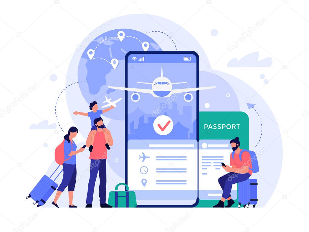 Air travel ticket buying app. People buying tickets online, phone booking service for tourism and vacation, travel concept vector illustration. Flight search tool. Tourists making reservation