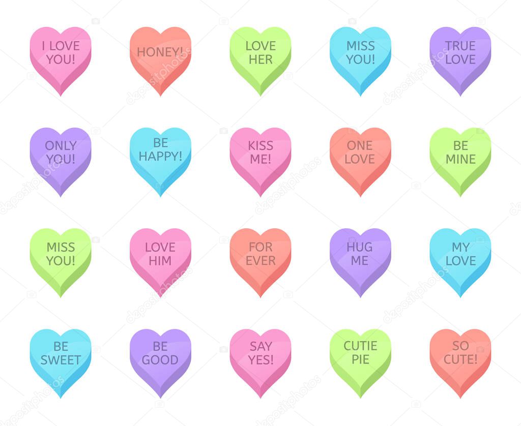 Love candy hearts. Valentines day treats, sweet heart candies and romantic love traditional sweets. Holiday lovely heart shaped sweetmeats vector isolated illustration set. Romance stickers pack