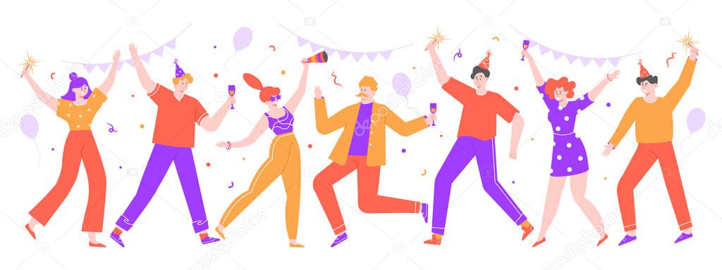 People celebrating. Happy celebration party, joyful women and men celebrating together with balloons and confetti. Dance celebration party vector isolated illustration. Anniversary, festive event