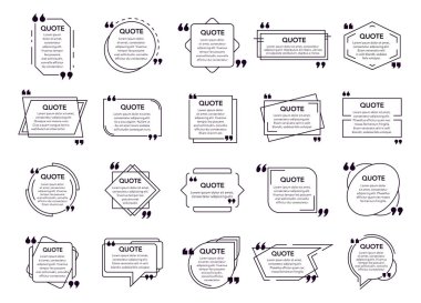 Alıntılanmış kutu. Mesaj kutuları, yorum kutusu çerçevesi ve atıfta bulunan geometrik öğeler. Modern konuşma baloncuklarından alıntı yapın ve izole edilmiş vektör simgelerinden alıntı yapın. Siyah ve beyaz metin bulutlarından alıntı