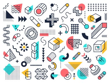 Soyut geometrik şekiller. Çember ve üçgen, grafik 90 'ların funky memphis süslemeleri, soyut tasarım elementleri. Retro yapıcılık sembolleri vektör izole semboller koleksiyonu. Çağdaş zemin