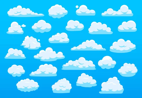 Słodkie chmury kreskówki. Błękitne niebo z uroczą chmurą kreskówki, natura białe chmury, puszyste chmury panorama nieba białe chmury o różnym kształcie wektor zestaw ilustracji. Pakiet elementów pochłaniających — Wektor stockowy