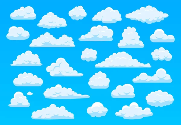 Nuvens do céu dos desenhos animados. Nuvens brancas fofas no céu azul, paisagem nebulosa brilhante panorama atmosférico. Nuvens bonitos de forma diferente conjunto de ilustração de desenho animado vetorial. Céu nublado, céu nublado — Vetor de Stock
