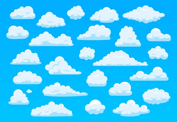 Cartoon Himmel Wolken. flauschig weiße Wolken am blauen Himmel, helle Wolkenlandschaft Wetter atmosphärisches Panorama. niedlichen Wolken unterschiedlicher Form Vektor Cartoon Illustrationsset. Bewölkter Himmel, bewölkter Himmel — Stockvektor