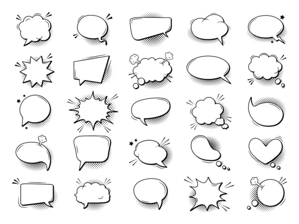 Bolha de conversa de desenhos animados em estilo cômico. Comic book graphic art speech clouds, thinking bubbles and conversation text elements vector illustration set. Coleção de balões de diálogo em branco —  Vetores de Stock