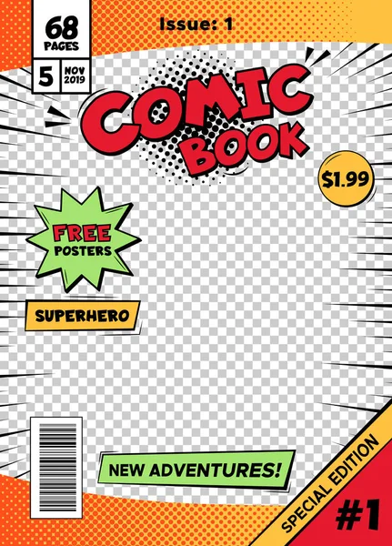 Comic book cover page template. Cartoon pop art comic book title poster, superhero comic book title page vector isolated cover template illustration. Comics front page with transparent background