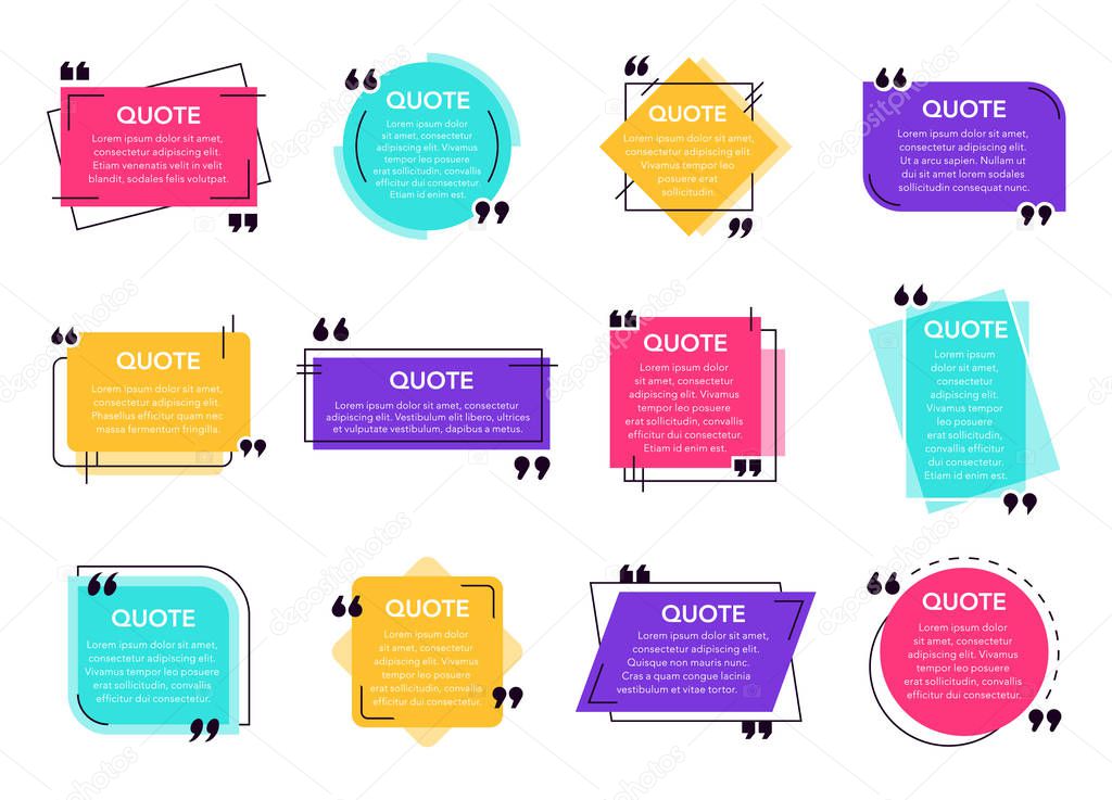 Quote text box. Cited box frame label, social network quotes dialogue bubble, remark text frames and quote frames template vector isolated icons set. Collection of geometric comment backgrounds