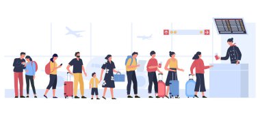 Havaalanının kalkış alanı. Uçuş kayıtları, iniş kuyruğunda bagajlı turistler vektör illüstrasyonunda kontrol ediliyor.