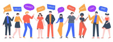 İnsanlar selam söylüyor. Çok ırklı kadın ve erkeklerden oluşan bir grup konuşuyor, çok kültürlü karakterler merhaba diyor. Asya, Afrika ve Avrupa insanlarının birliği vektör illüstrasyonuName