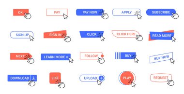 Click button. Web pointer clicking buttons, computer app interface mouse cursor tools. Arrow click ui elements, download, subscribe and follow button vector isolated icons set clipart svg vector 