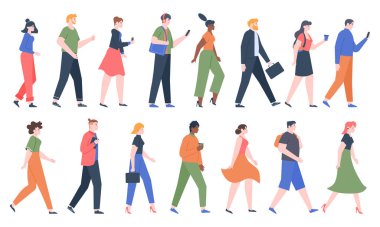 Yürüyen insanlar. İş adamları ve kadınlar yan profiller, mevsimlik ve ofis kıyafetleri giyen insanlar. Genç ve yaşlı hareketli stil karakter vektör çizimi