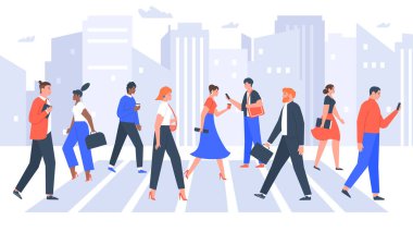 İş adamları yolları kesiştiriyor. Şehir yaya geçidinde insanlar, ofis çalışanları kalabalık bir şekilde yürüyor. İş adamı ve iş kadını yaya geçidi çizimi