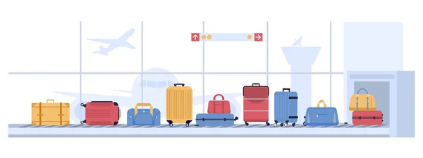 Carousel αεροδρόμιο αποσκευών. Σάρωση βαλιτσών αποσκευών, ιμάντας μεταφοράς αποσκευών με τσάντες και βαλίτσες. Εικονογράφηση φορέα αεροπορικής μεταφοράς πτήσης — Διανυσματικό Αρχείο