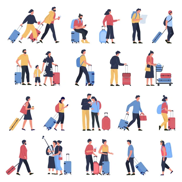 Viajeros en el aeropuerto. Turistas de negocios, personas que esperan en la terminal de aeropuertos con equipaje, personajes caminando y apresurándose a abordar el vector de ilustración conjunto — Vector de stock