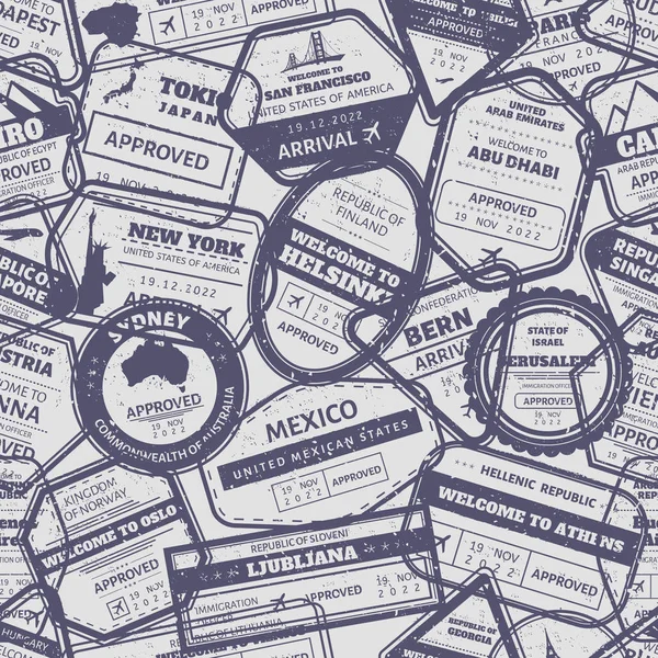 Seyahat pulu kusursuz desen. Antika vize, uluslararası posta pulları sınırına ulaştı. Avusturalya, ABD ve Japonya hava tahvilleri grunge vektör arkaplan çerçevelerini damgaladı