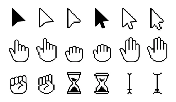 Zeiger-Cursor-Symbole. Computer-Web-Pfeile Mauszeiger und Anklicken Zeiger Cursor Auswahl. Pixel Hand Vektor isoliertes Set — Stockvektor