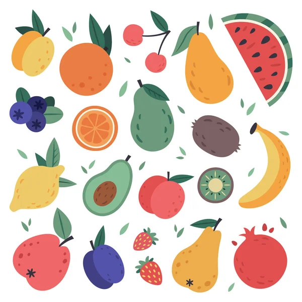 Χειροποίητα φρούτα. Ελαφριά συγκομιδή, εσπεριδοειδή, αβοκάντο και μήλο, φυσικά χορτοφαγικά γλυκά καλοκαιρινά φρούτα. Τροπικά βιολογικά φρούτα, νόστιμο φαγητό κουζίνα διανυσματικά εικονογράφηση σετ — Διανυσματικό Αρχείο