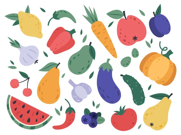 Χειροποίητα φρούτα και λαχανικά. Doodle βιολογικά λαχανικά vegan, ντομάτα, μελιτζάνα και νόστιμα φρούτα και μούρα. Φυσικό veggies και φρούτα διάνυσμα εικονογράφηση σετ — Διανυσματικό Αρχείο
