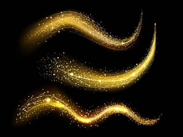 Glitterlichtpad. Gloeiend licht schittert met gouden glitter, magische sterrenstofgolf en prachtige glinsterende lichtvage trail vector illustratie set — Stockvector