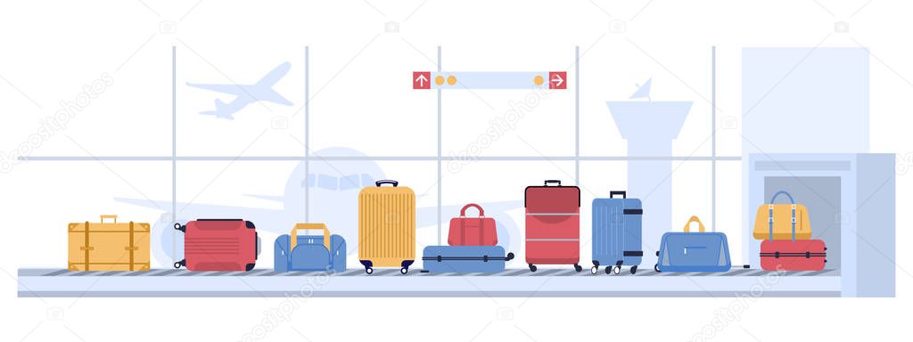 Luggage airport carousel. Baggage suitcases scanning, luggage conveyor belt with bags and suitcases. Airline flight transportation vector illustration