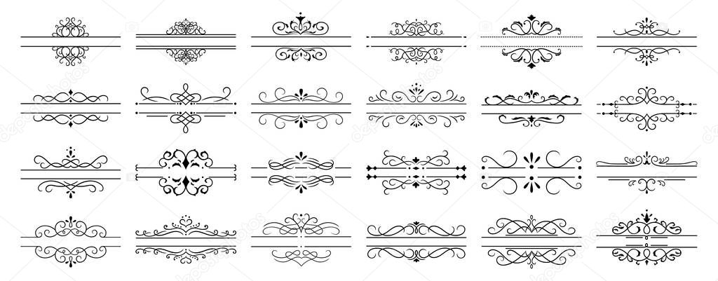 Calligraphic dividers. Decorative retro page divider borders, wedding calligraphic frame and ornamental swirls floral frames vintage vector isolated icons set