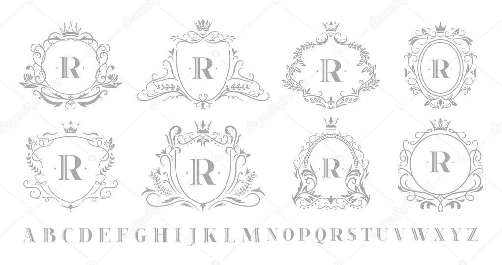 Vintage monogram emblem. Retro art ornamental luxury emblems, royal crown monograms wreath and wedding swirls frame vector illustration set