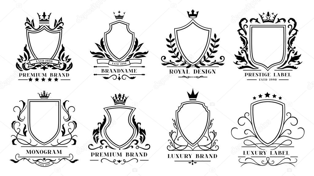 Royal shields badges. Vintage ornamental frames, decorative royal swirl heraldic borders and luxury filigree wedding emblems. Knights shield heraldic decoration isolated vector icons set