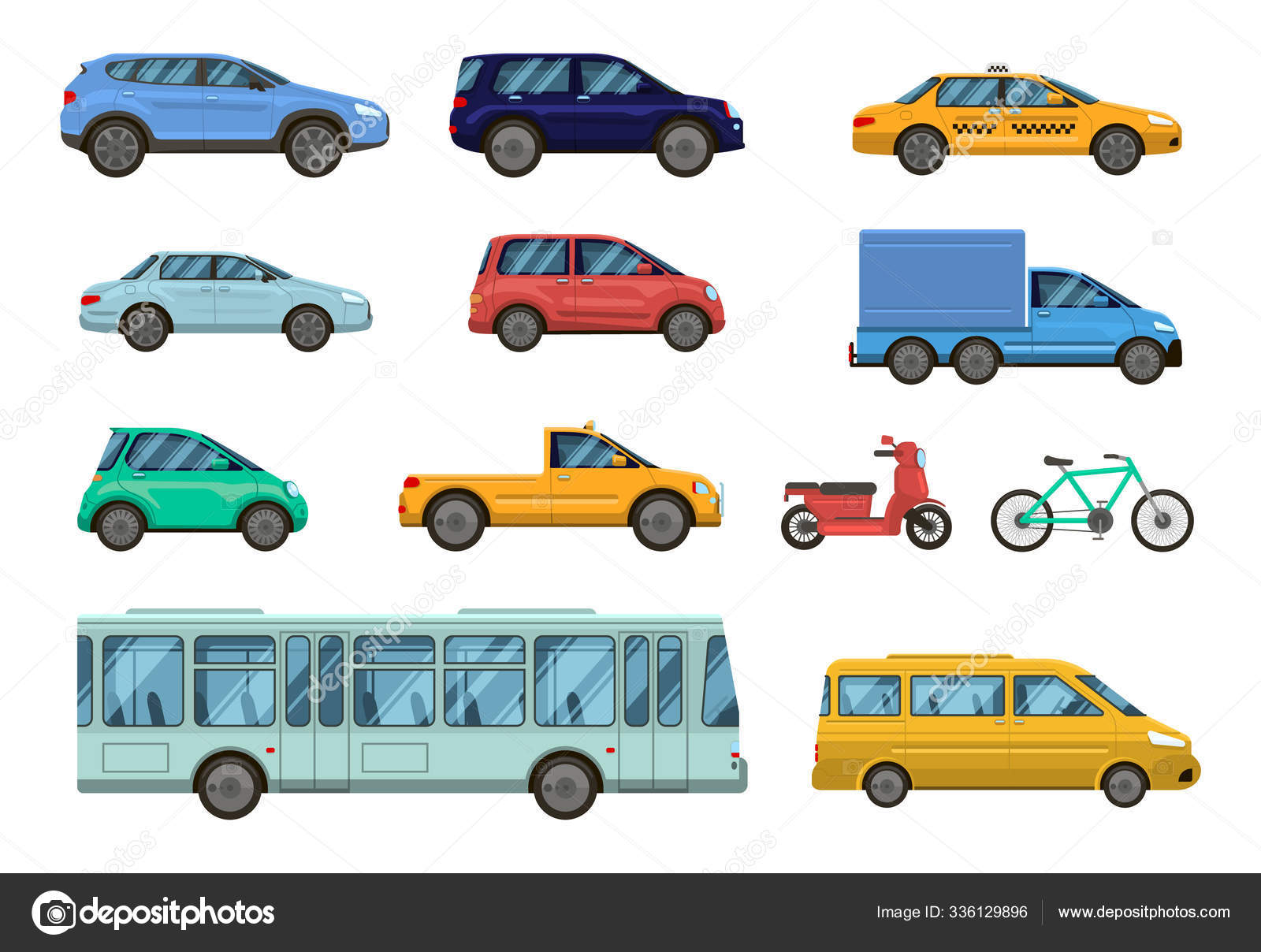 Conjunto de veículo. carro, moto, ônibus e caminhão