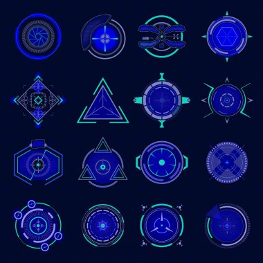 Fütürist optik hedef. Ui teknolojisi, askeri gelecek hedefleri ve silah hedefleri, keskin nişancı nişancıları, hedef vektör simgeleri.