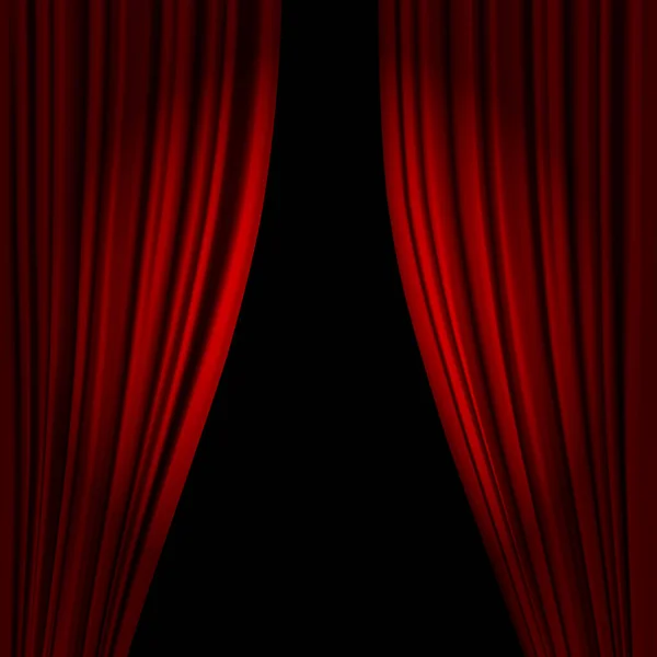 Sahne perdesini açın. Gerçekçi sirk ya da opera perdeleri, sahne kırmızı dramatik perdeler. Kırmızı kadife perdeler spot ışığı vektör illüstrasyonunda